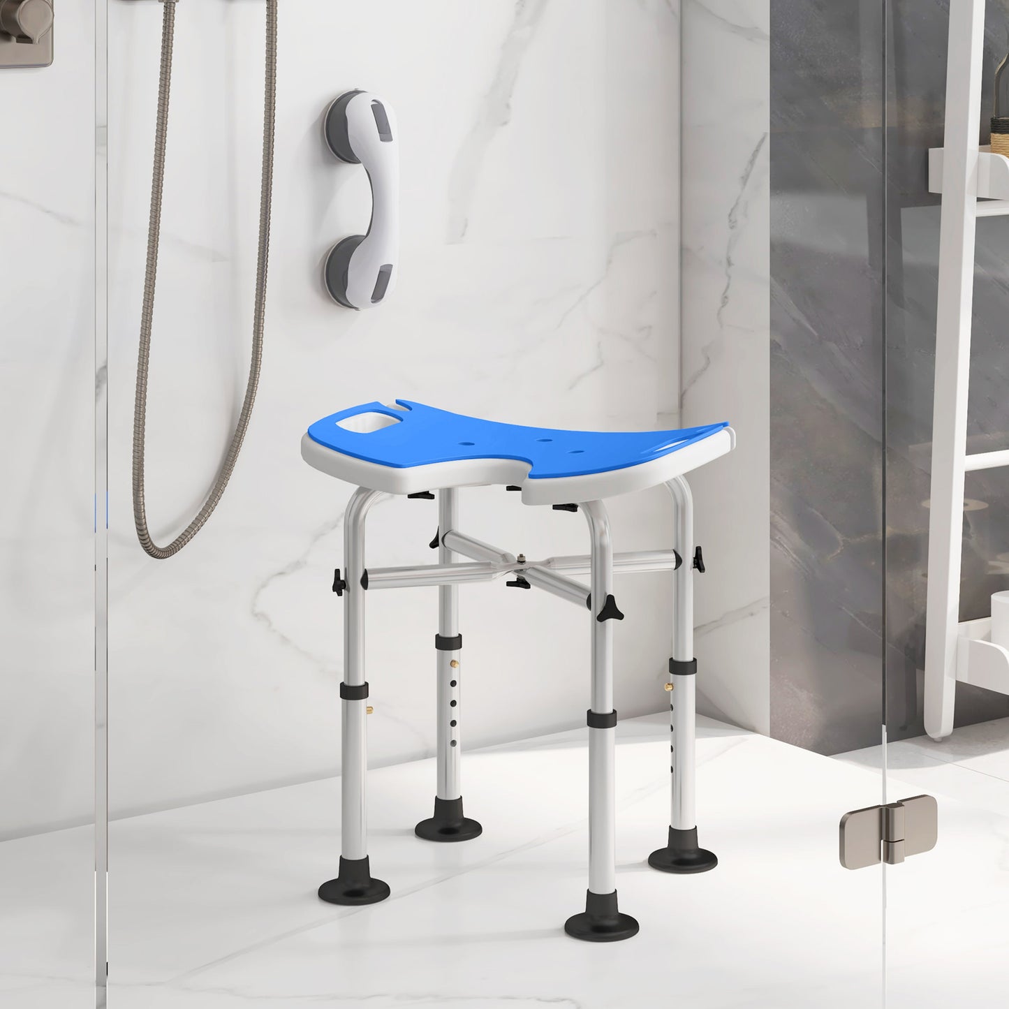 Height Adjustable Shower Stool with Suction Grab Rail U-Shaped Padded Seat