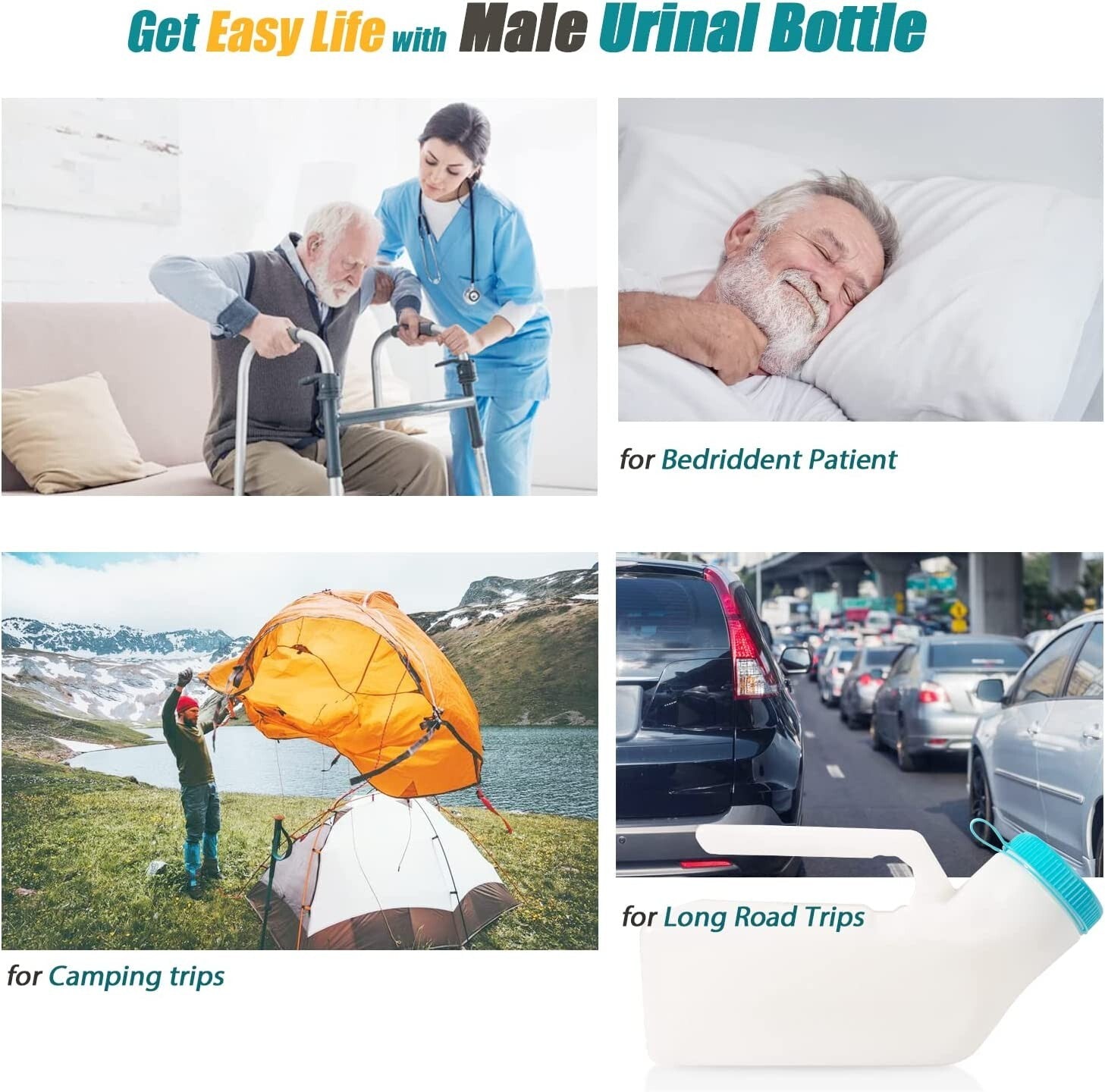 2PCS Male Urinal Portable Incontinence Bottle for Men Travel W/ Night Light - UK