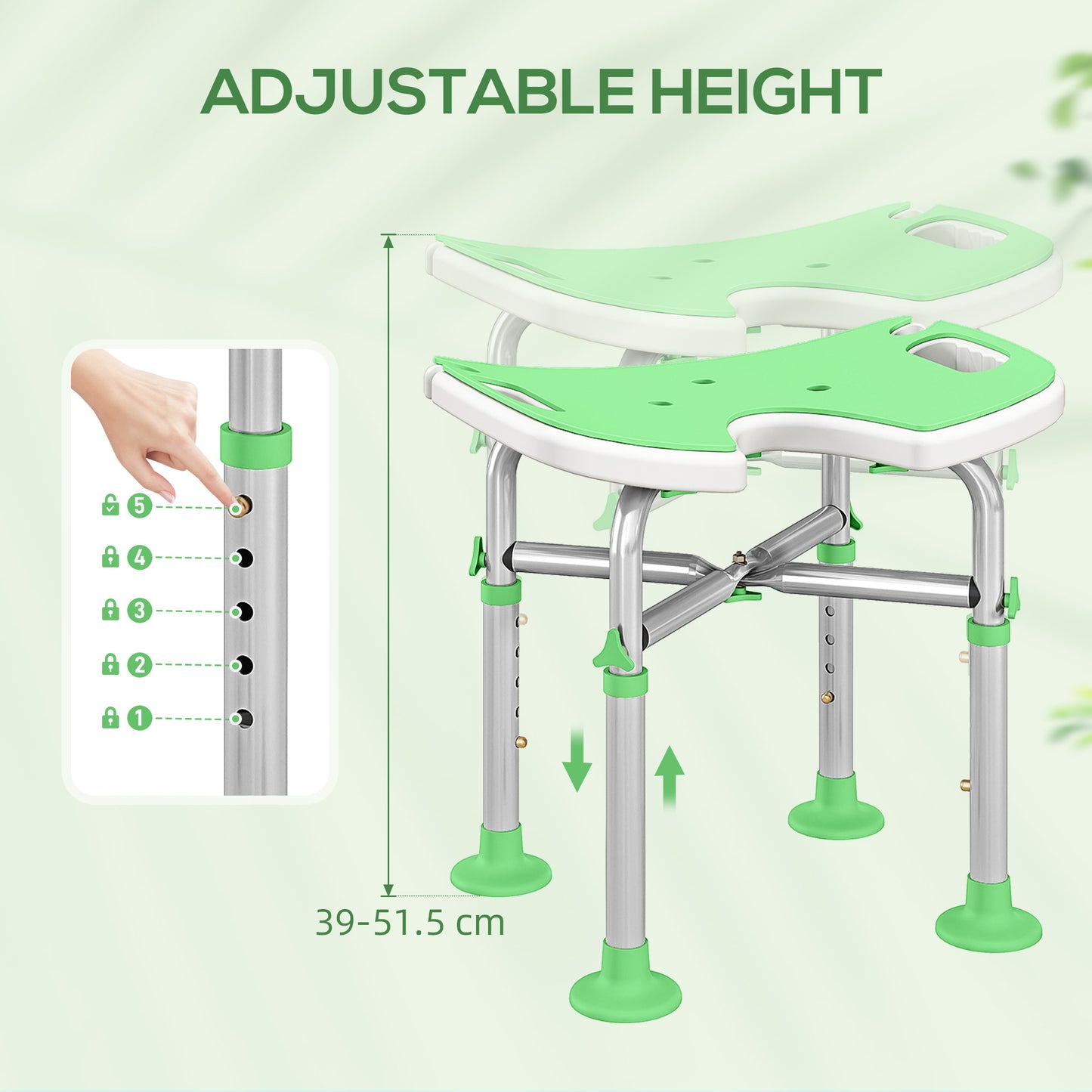 Height Adjustable Shower Stool with Suction Grab Rail U-Shaped Padded Seat