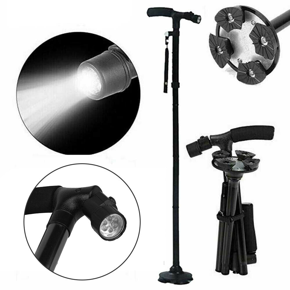 Folding LCD Walking Stick Cane with Flashlight for Senior Aluminium Travel Hiking Cane Trekking Pole Crutch Handle Strap 5 Gears