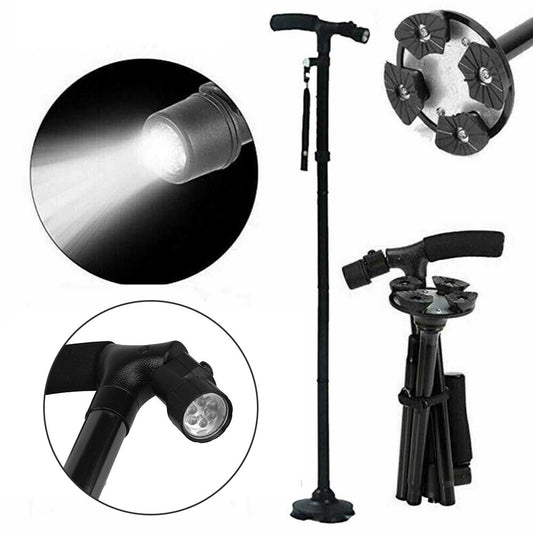 Folding LCD Walking Stick Cane with Flashlight for Senior Aluminium Travel Hiking Cane Trekking Pole Crutch Handle Strap 5 Gears