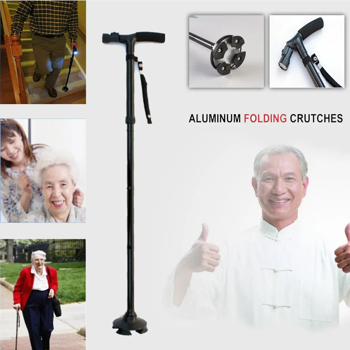 Collapsible Safety LED Walking Stick Adjustable Travel Hiking Cane Trekking Pole