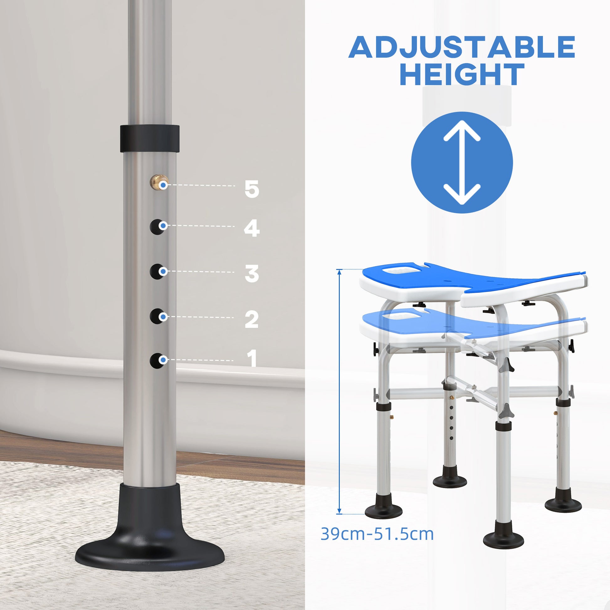 Height Adjustable Shower Stool with Suction Grab Rail U-Shaped Padded Seat