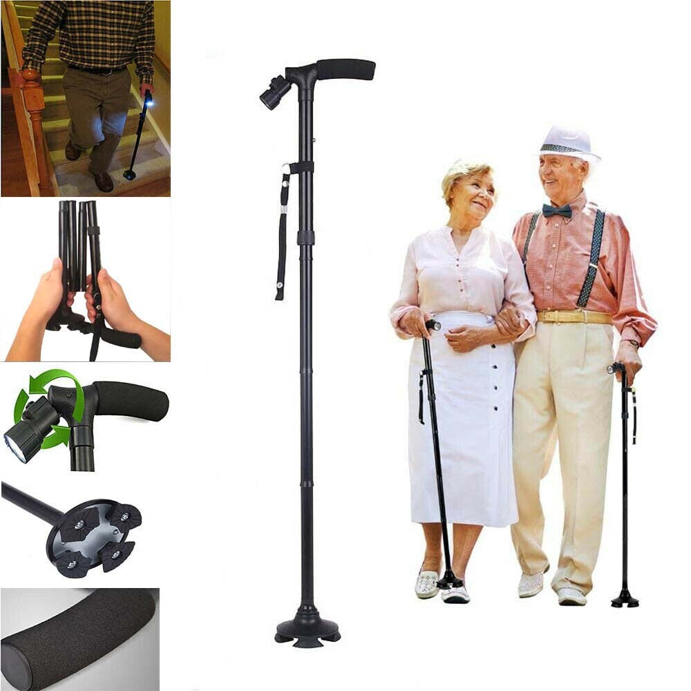 Folding LCD Walking Stick Cane with Flashlight for Senior Aluminium Travel Hiking Cane Trekking Pole Crutch Handle Strap 5 Gears