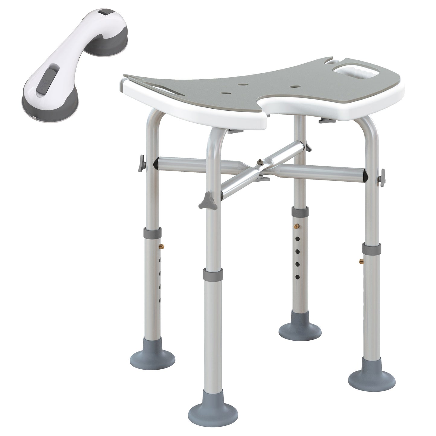 Height Adjustable Shower Stool with Suction Grab Rail U-Shaped Padded Seat
