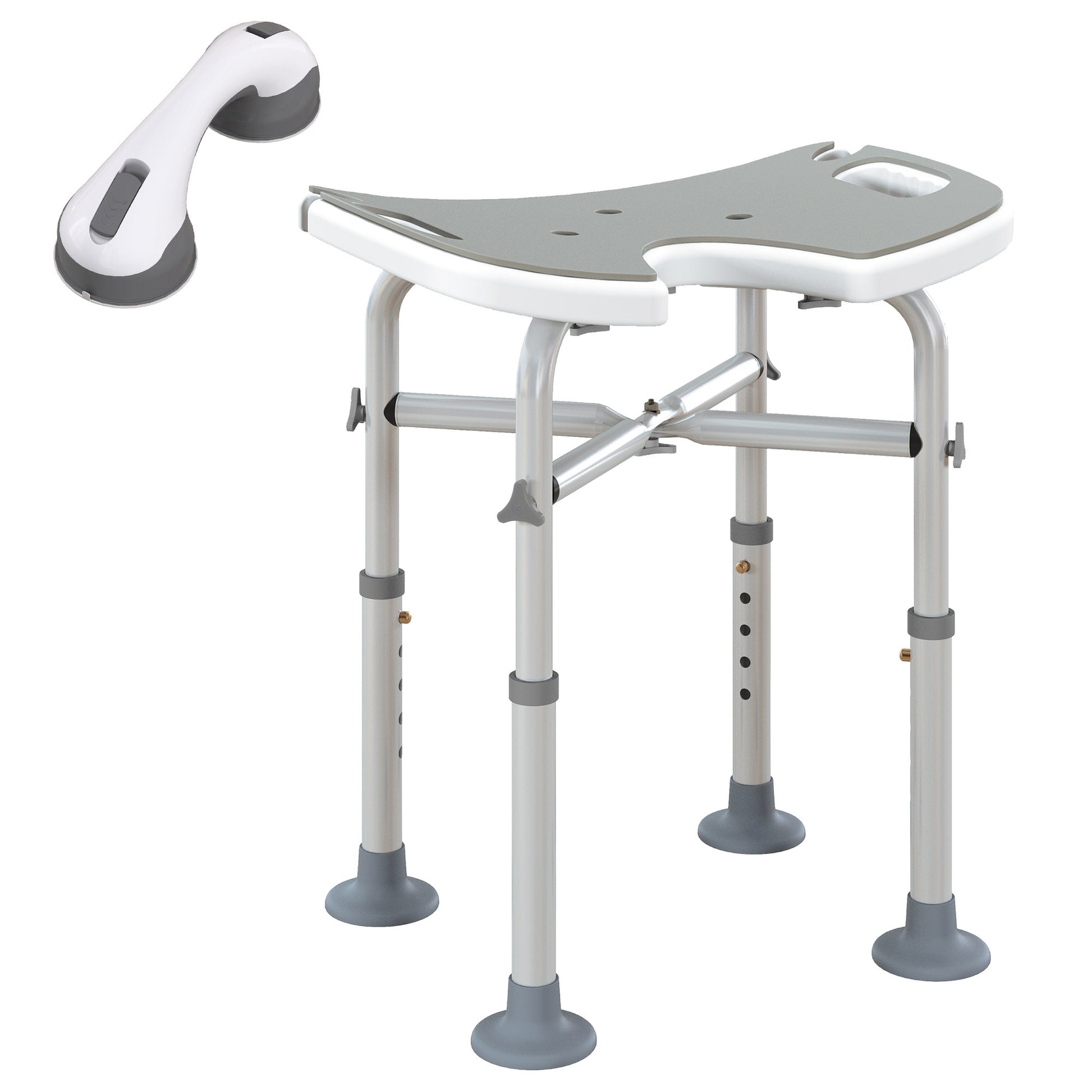 Height Adjustable Shower Stool with Suction Grab Rail U-Shaped Padded Seat