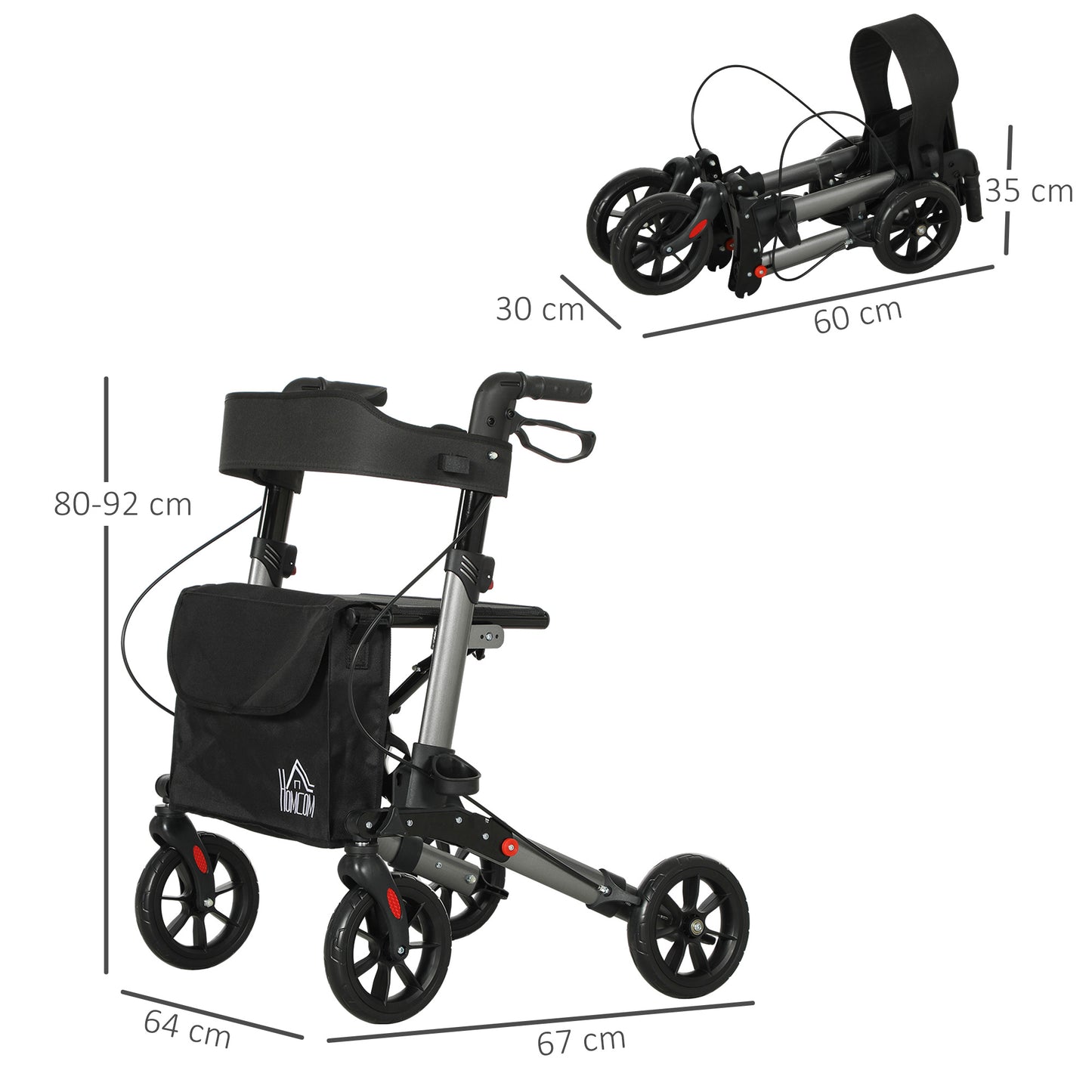 Adjustable 4 Wheel Rollator W/ Seat Bag Folding Mobility Walker