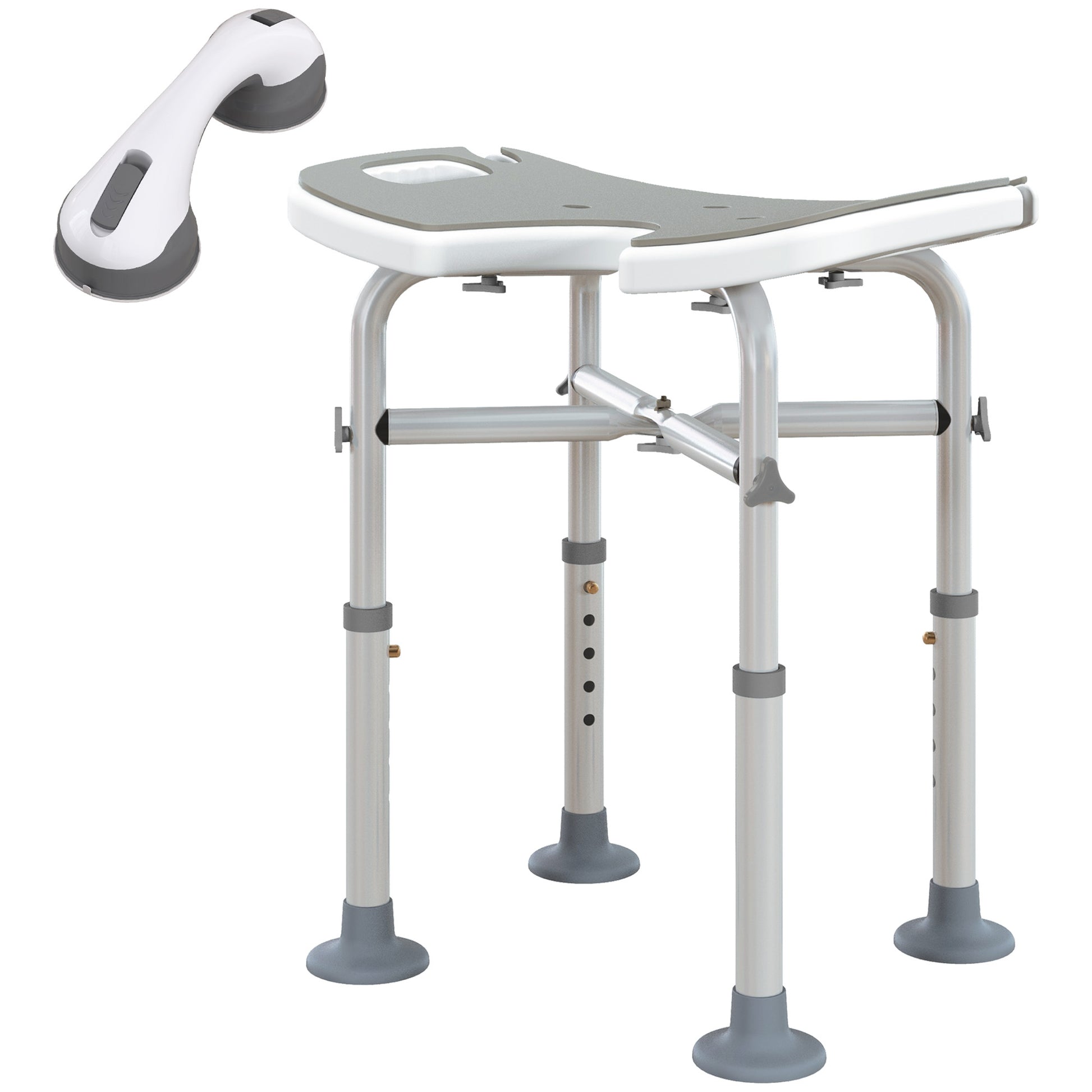 Height Adjustable Shower Stool with Suction Grab Rail U-Shaped Padded Seat