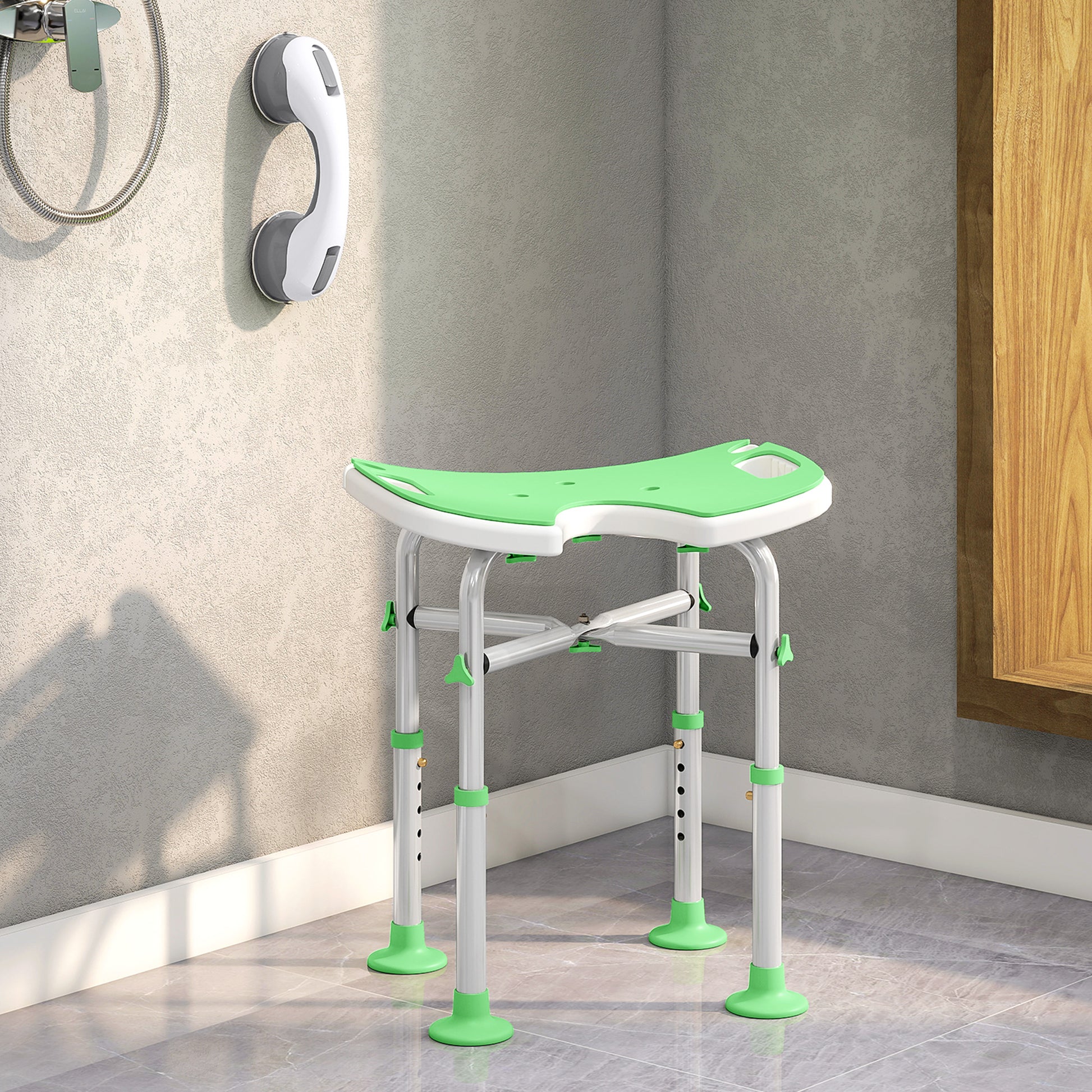 Height Adjustable Shower Stool with Suction Grab Rail U-Shaped Padded Seat