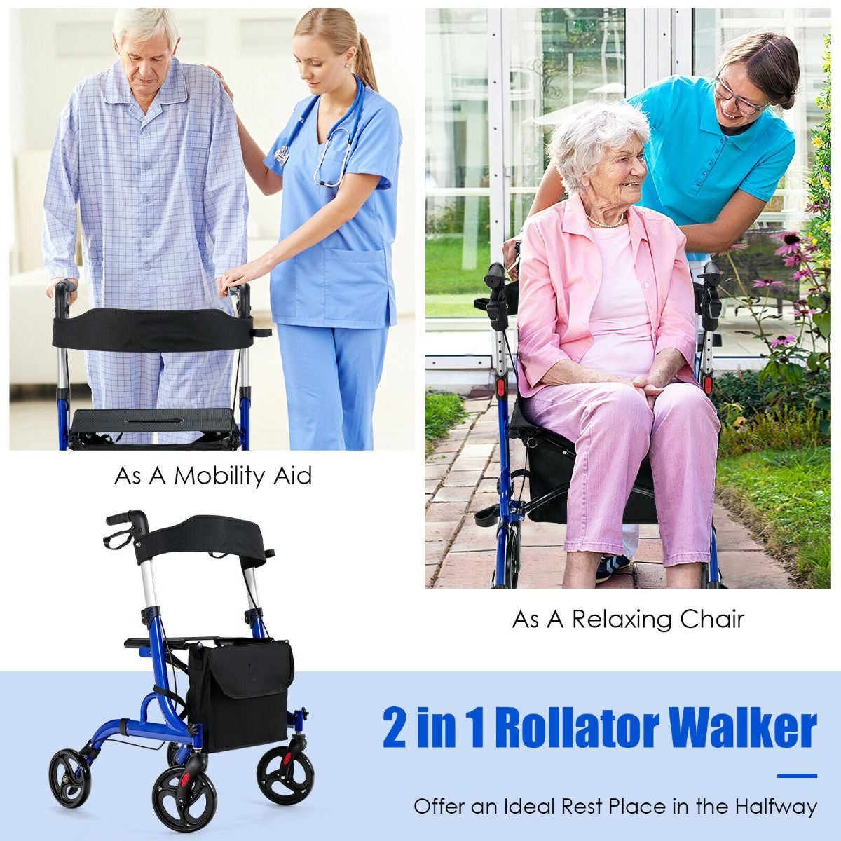 2 in 1 Walker Aluminium Mobility Walking Aid with Seat Adjustable