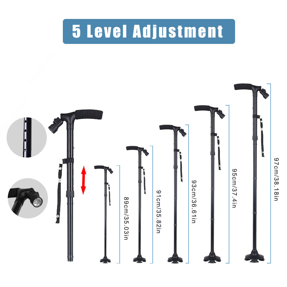 Folding LCD Walking Stick Cane with Flashlight for Senior Aluminium Travel Hiking Cane Trekking Pole Crutch Handle Strap 5 Gears