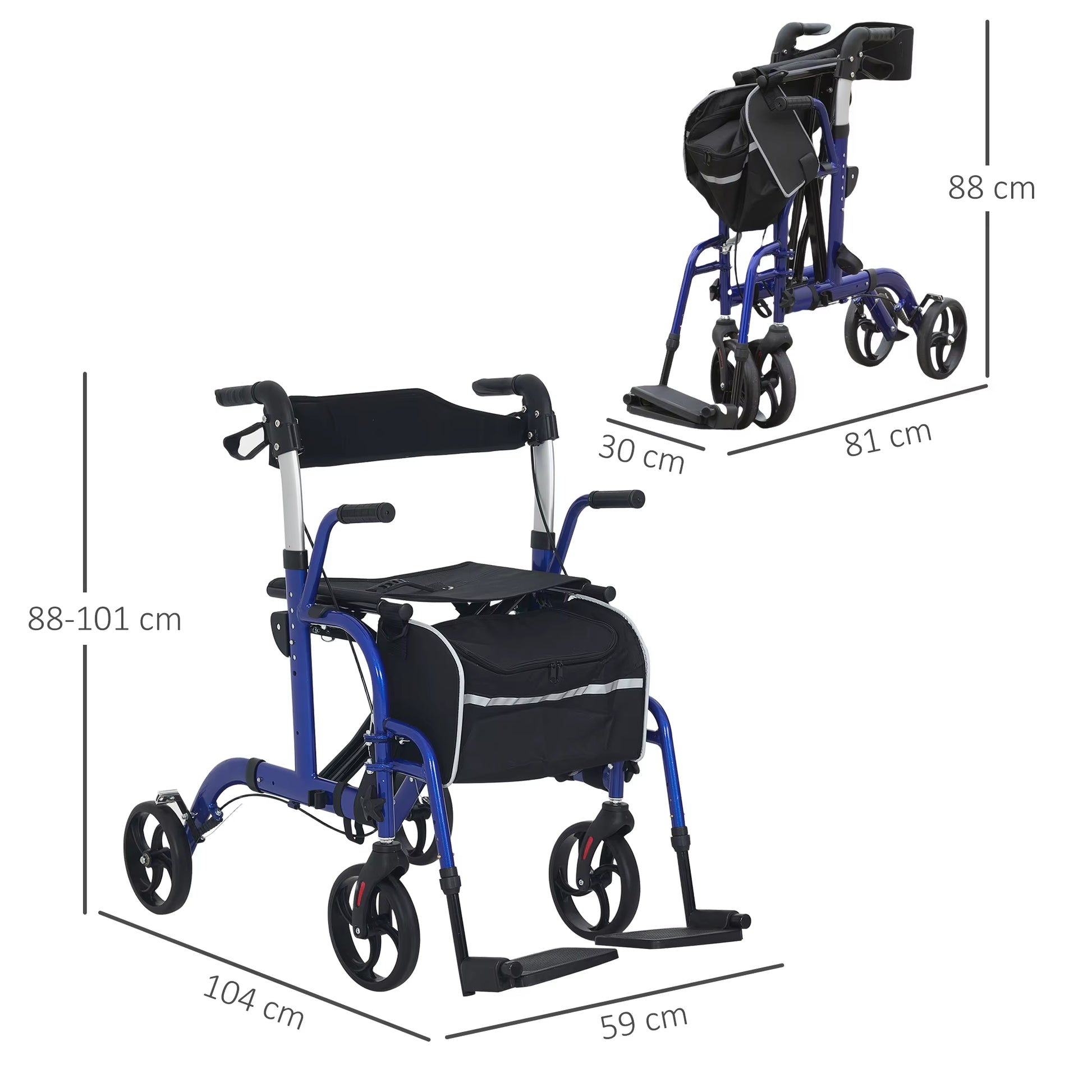 2 in 1 Wheelchair & Folding Rollator Walker Combo, Pearl Blue
