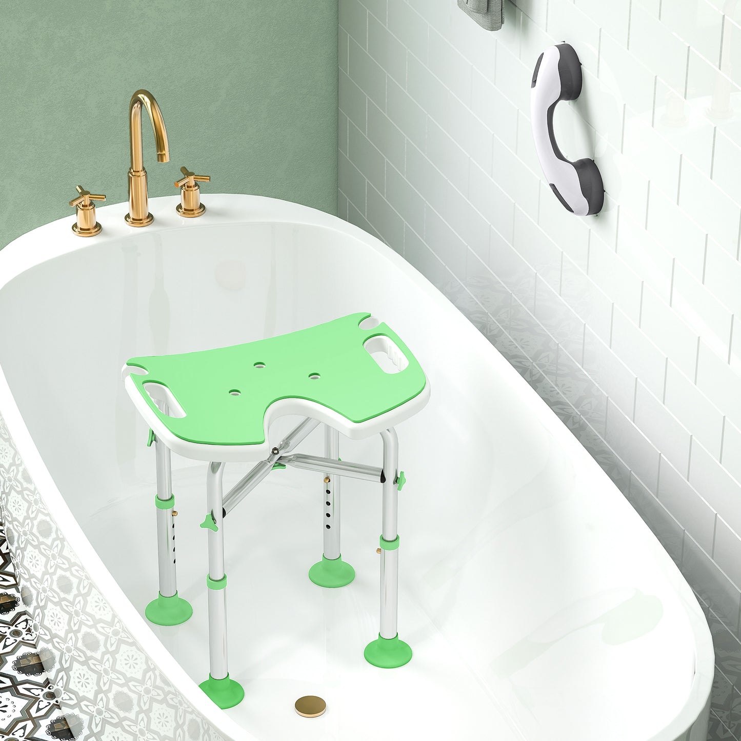 Height Adjustable Shower Stool with Suction Grab Rail U-Shaped Padded Seat