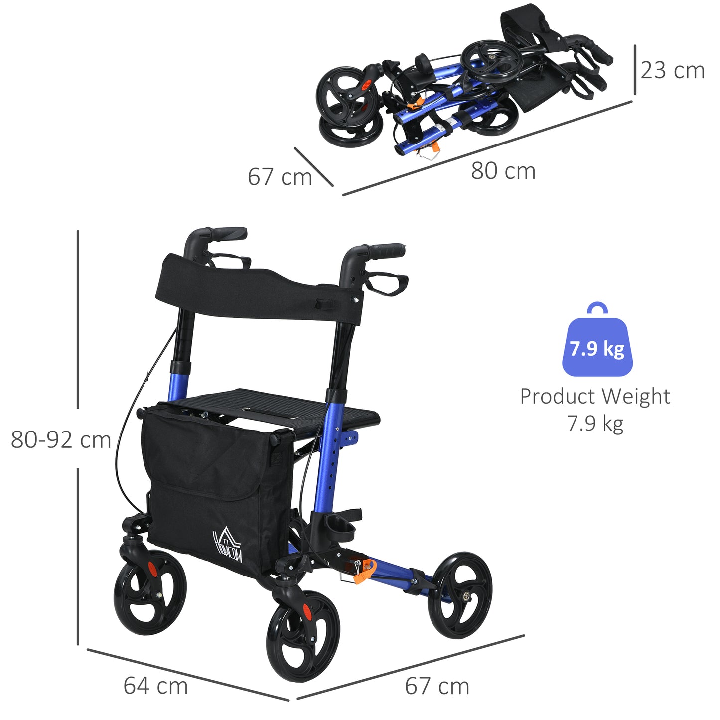 Adjustable 4 Wheel Rollator W/ Seat Bag Folding Mobility Walker