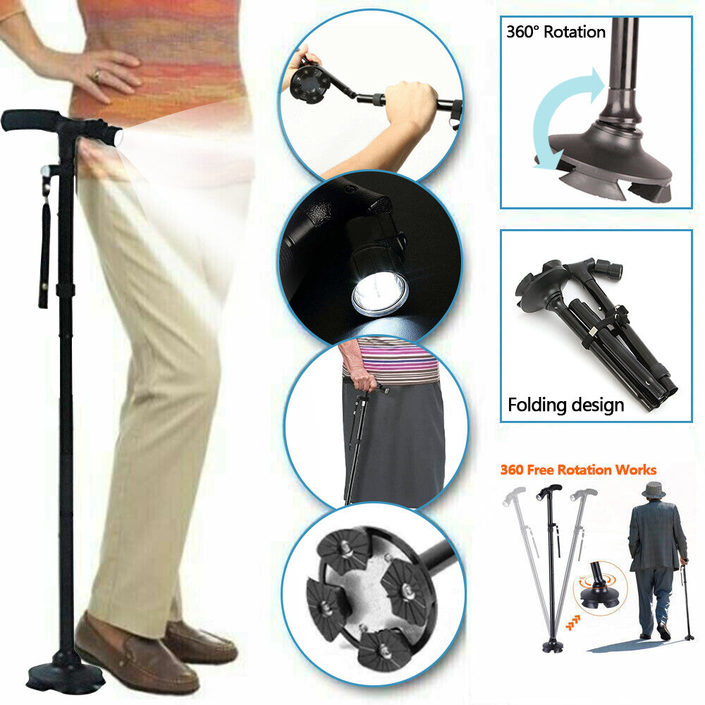 Folding LCD Walking Stick Cane with Flashlight for Senior Aluminium Travel Hiking Cane Trekking Pole Crutch Handle Strap 5 Gears