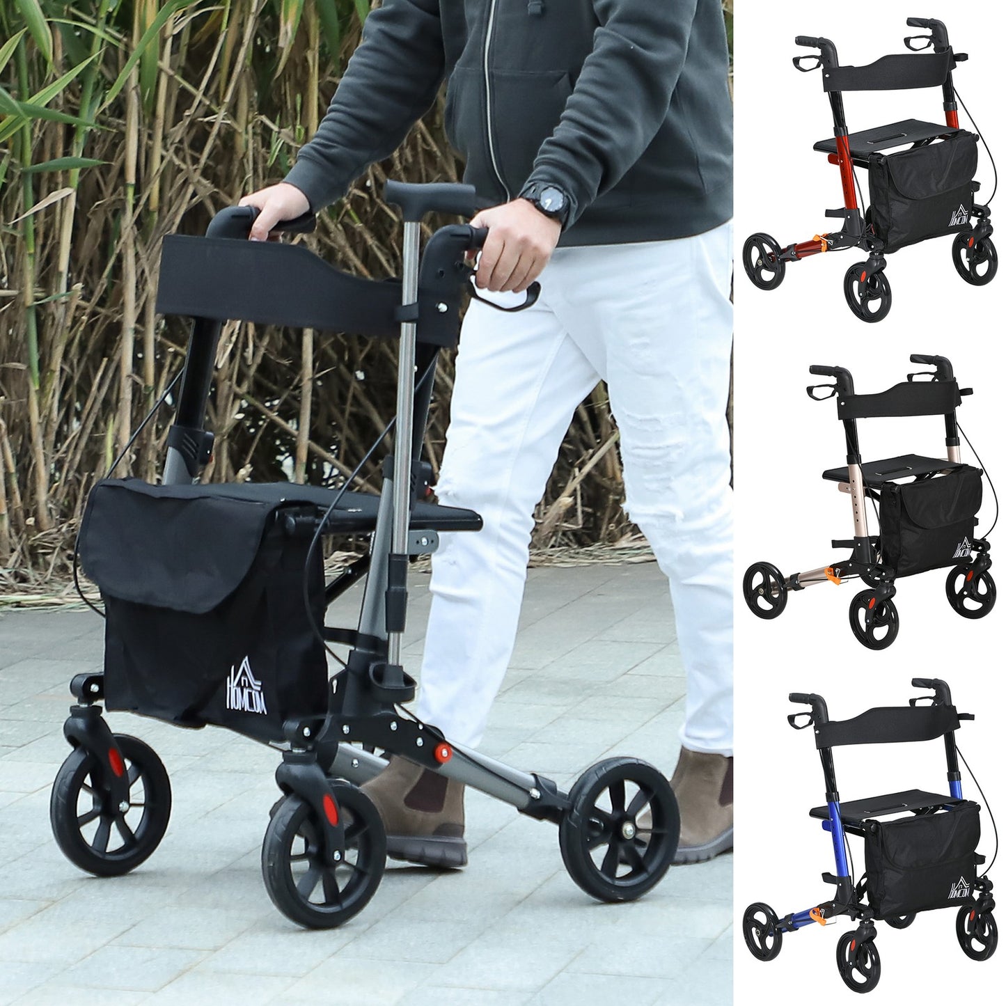 Adjustable 4 Wheel Rollator W/ Seat Bag Folding Mobility Walker
