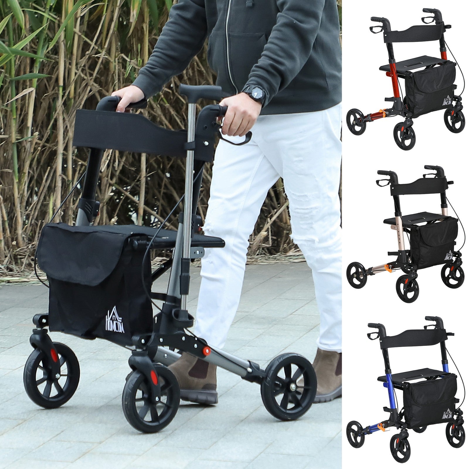 Adjustable 4 Wheel Rollator W/ Seat Bag Folding Mobility Walker