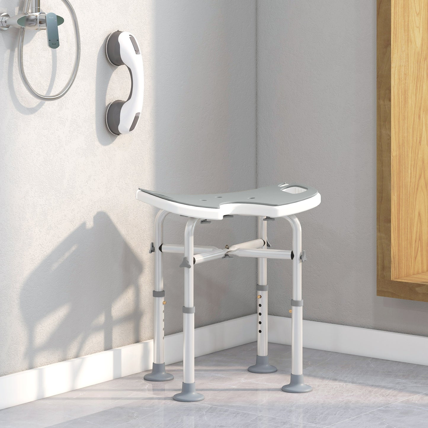 Height Adjustable Shower Stool with Suction Grab Rail U-Shaped Padded Seat