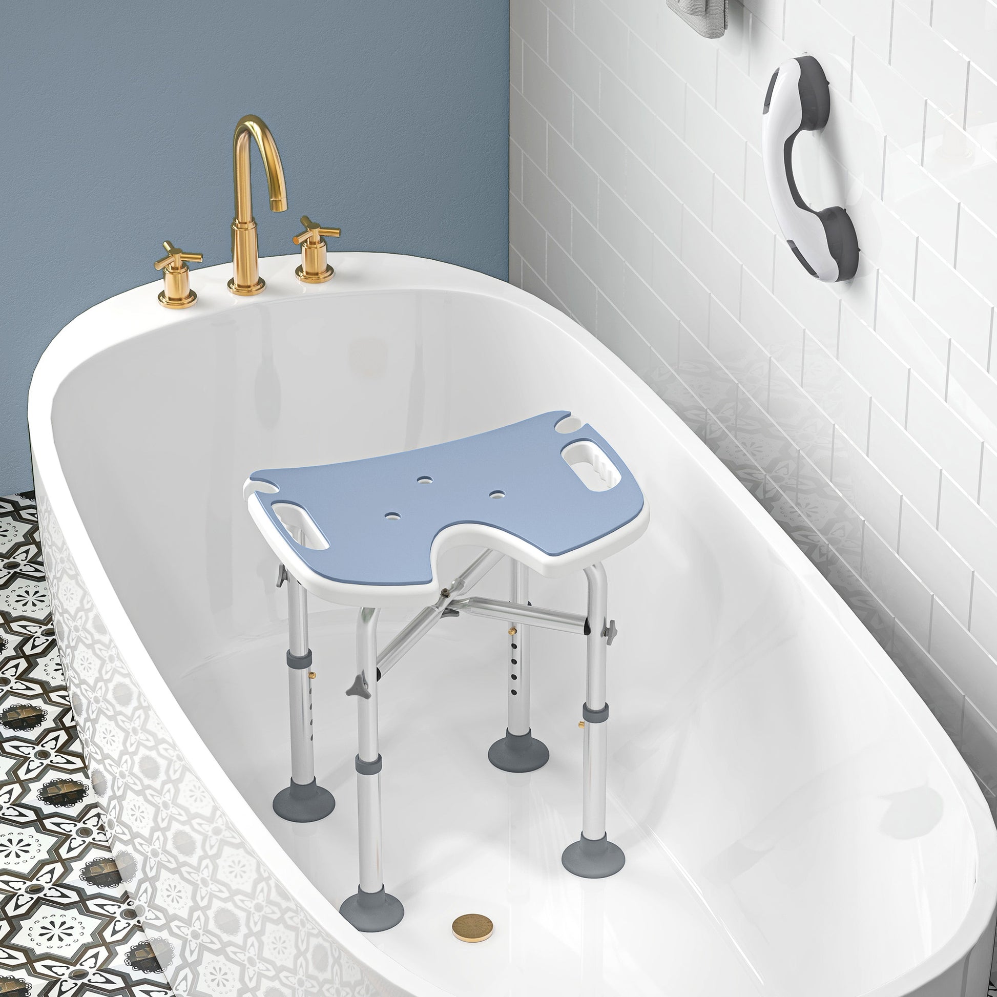 Height Adjustable Shower Stool with Suction Grab Rail U-Shaped Padded Seat