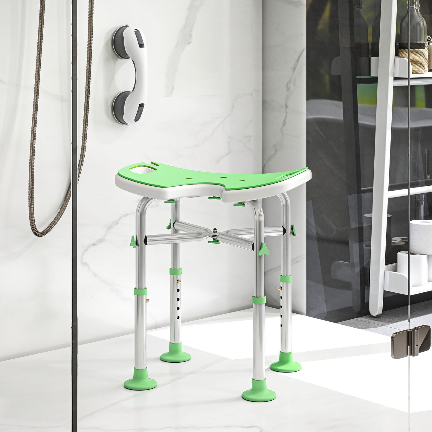 Height Adjustable Shower Stool with Suction Grab Rail U-Shaped Padded Seat