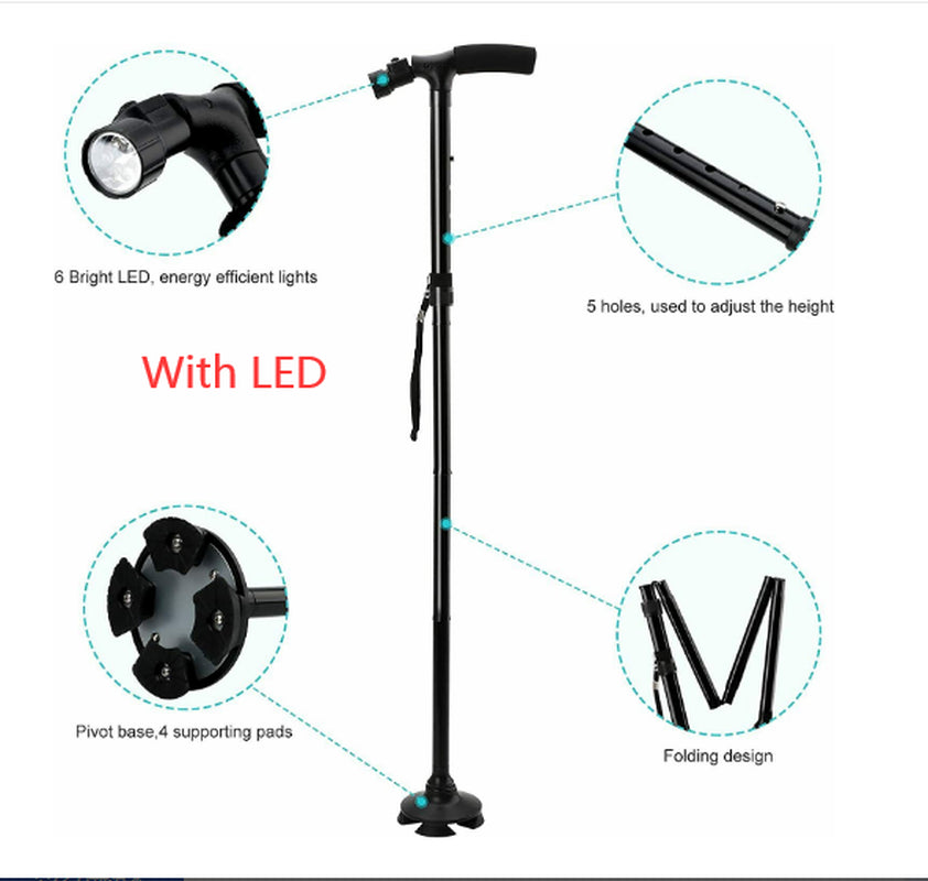 Folding LCD Walking Stick Cane with Flashlight for Senior Aluminium Travel Hiking Cane Trekking Pole Crutch Handle Strap 5 Gears