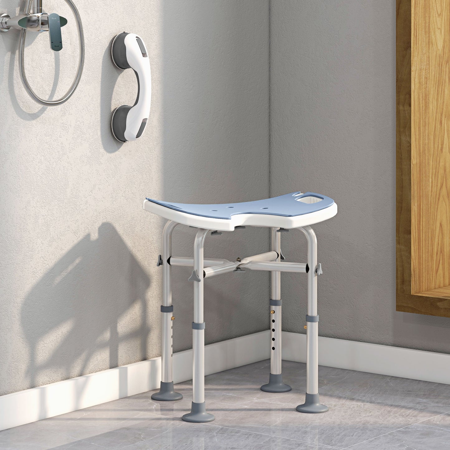 Height Adjustable Shower Stool with Suction Grab Rail U-Shaped Padded Seat