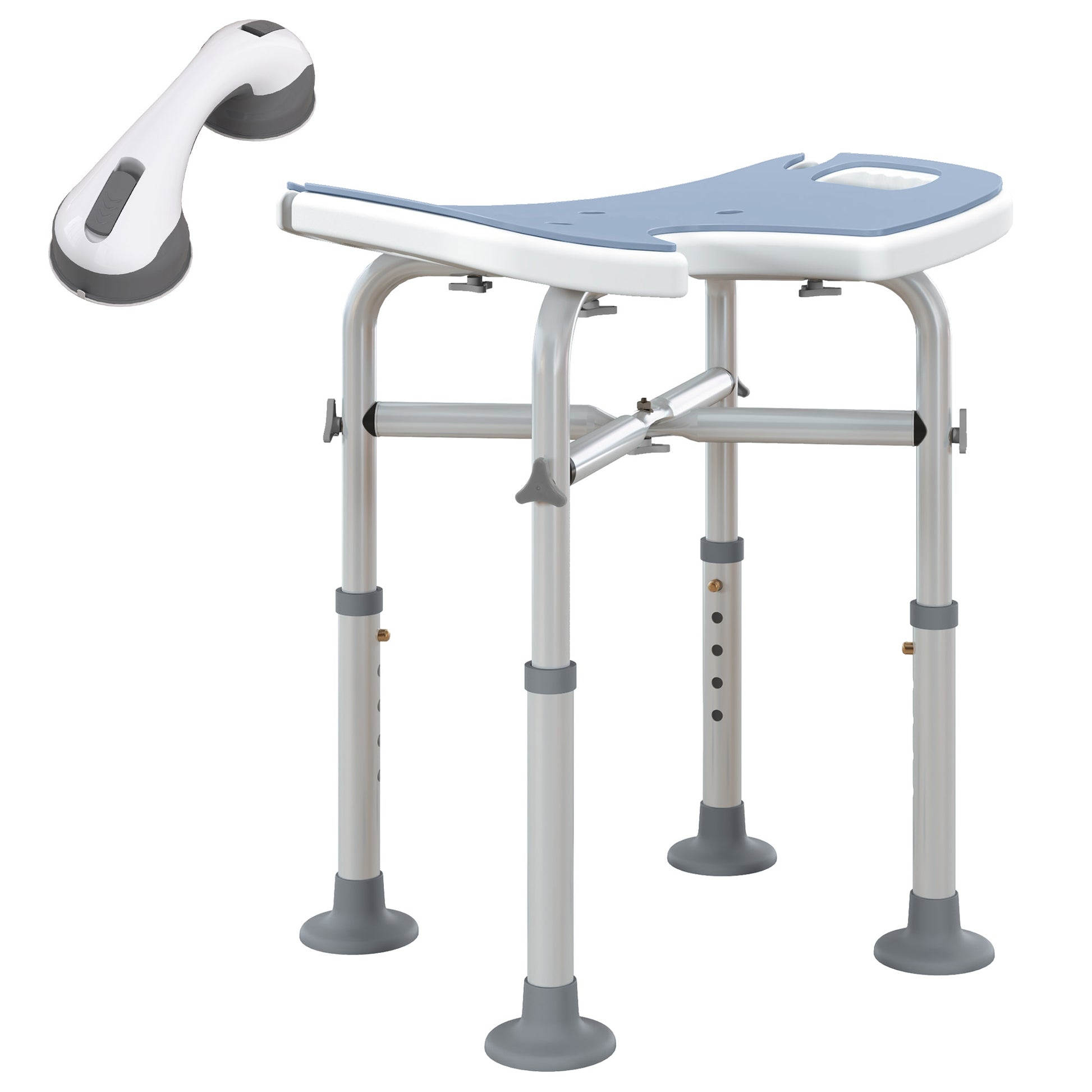 Height Adjustable Shower Stool with Suction Grab Rail U-Shaped Padded Seat