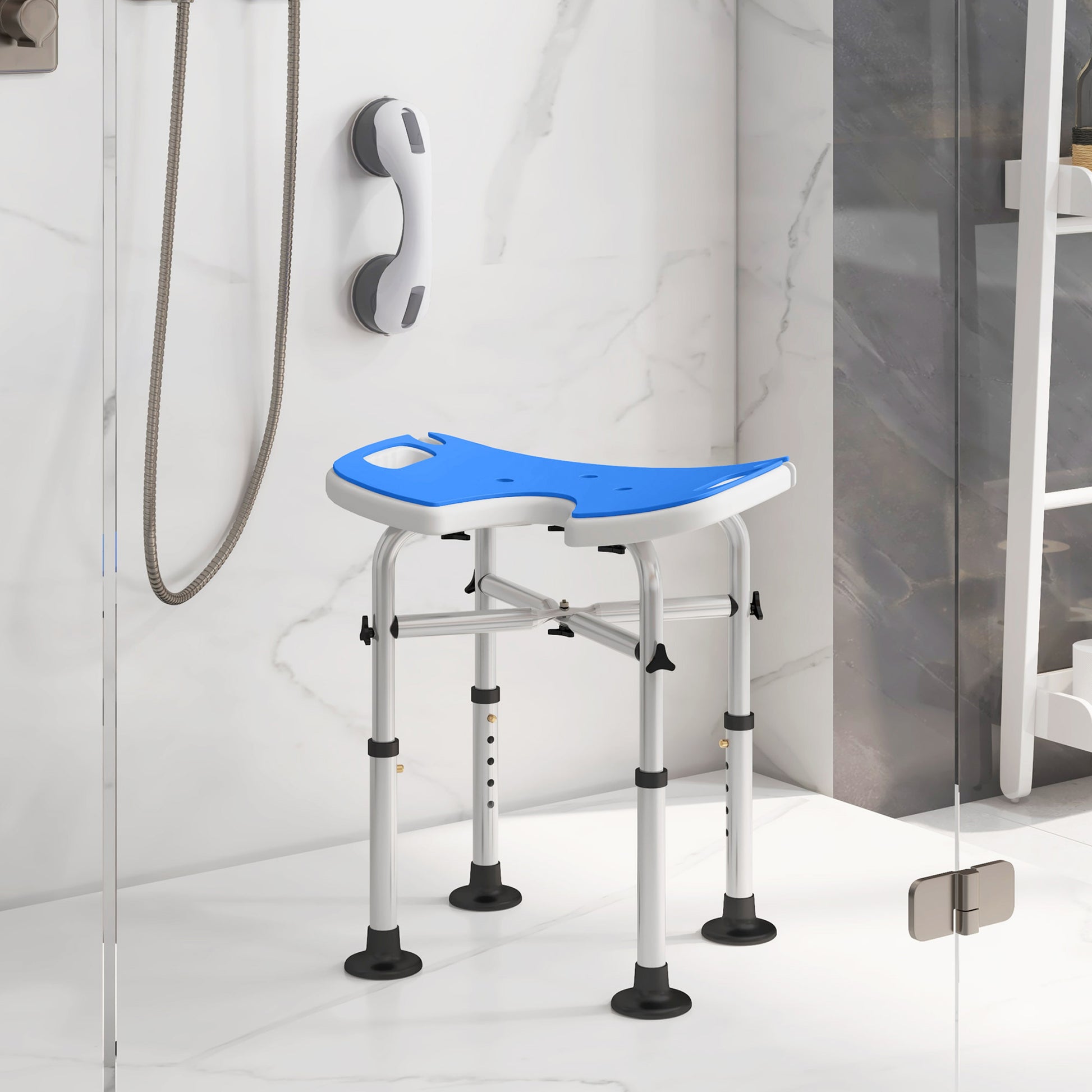 Height Adjustable Shower Stool with Suction Grab Rail U-Shaped Padded Seat