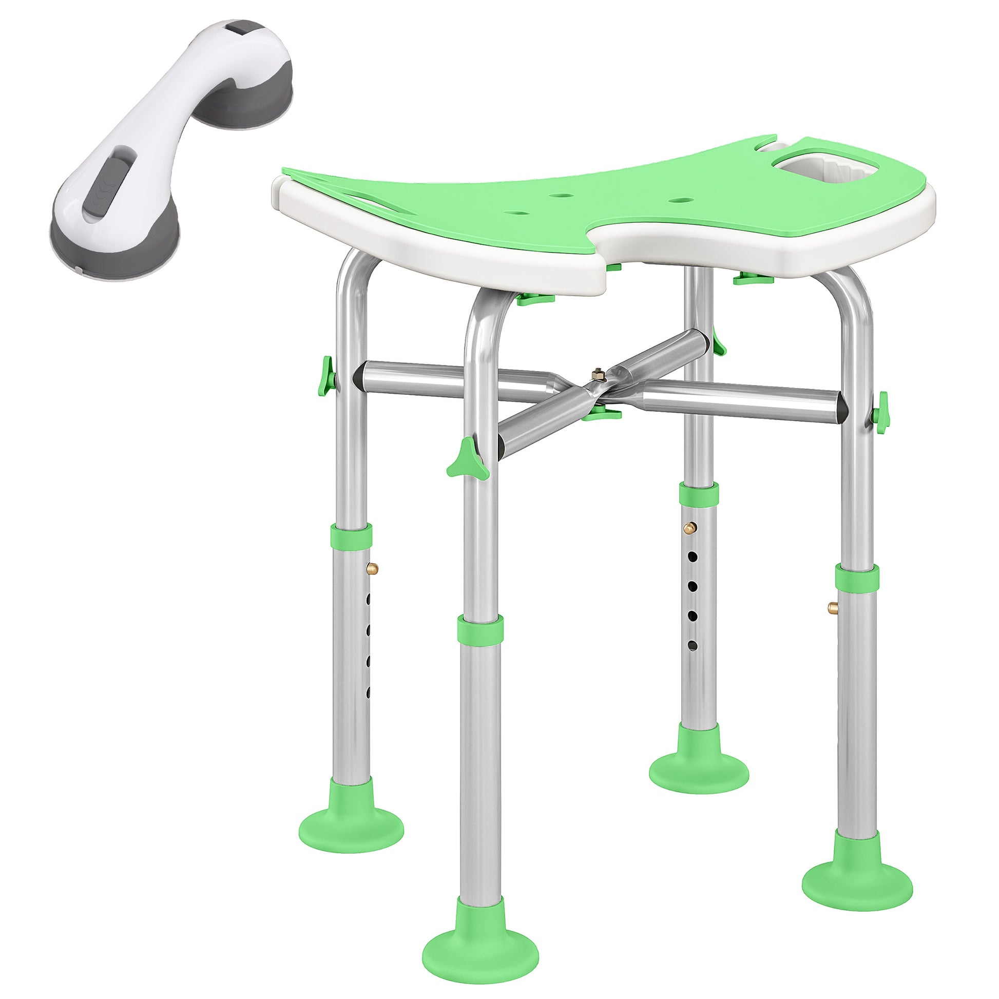 Height Adjustable Shower Stool with Suction Grab Rail U-Shaped Padded Seat
