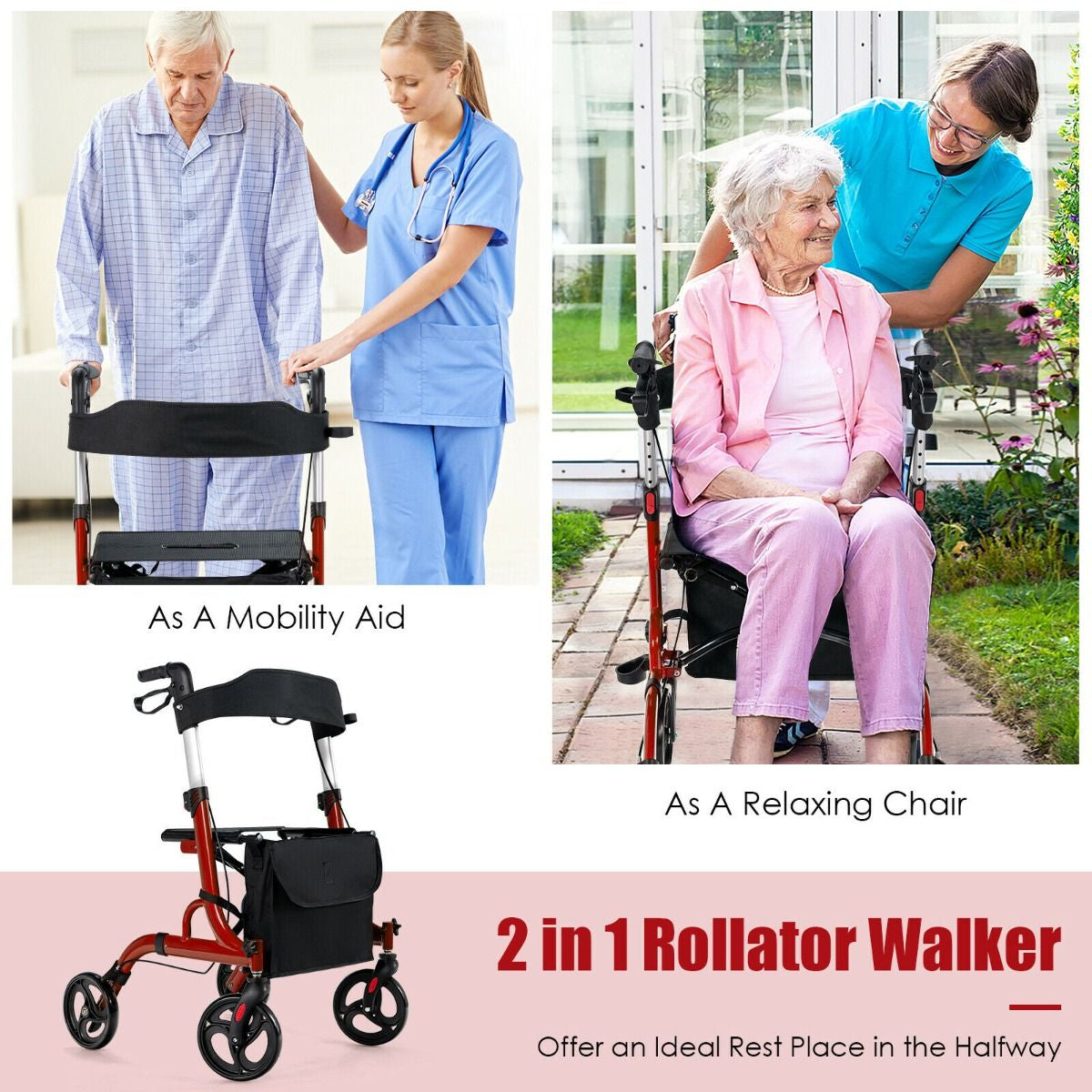 2 in 1 Walker Aluminium Mobility Walking Aid with Seat Adjustable