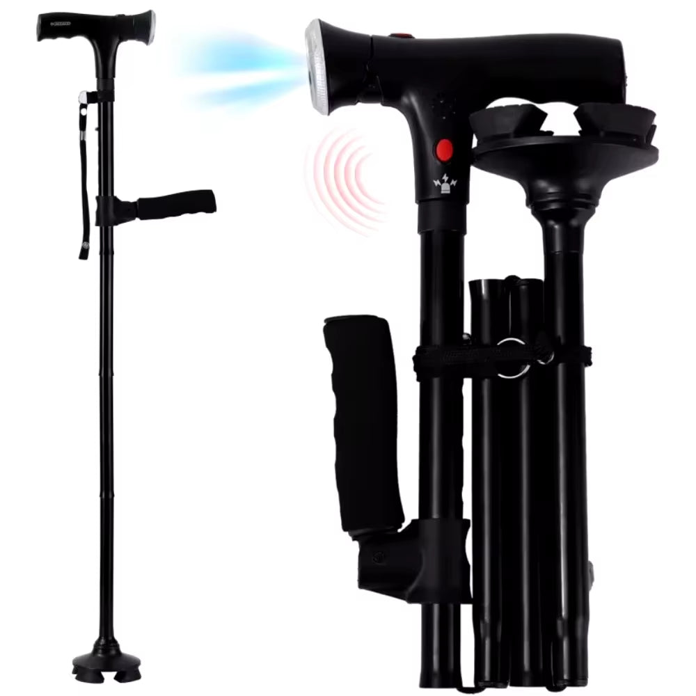 Elder Adjustable Folding Walking Cane with LED Light anti Slip Crutch for Elderly Lightweight Collapsible Mobility Aid Stick