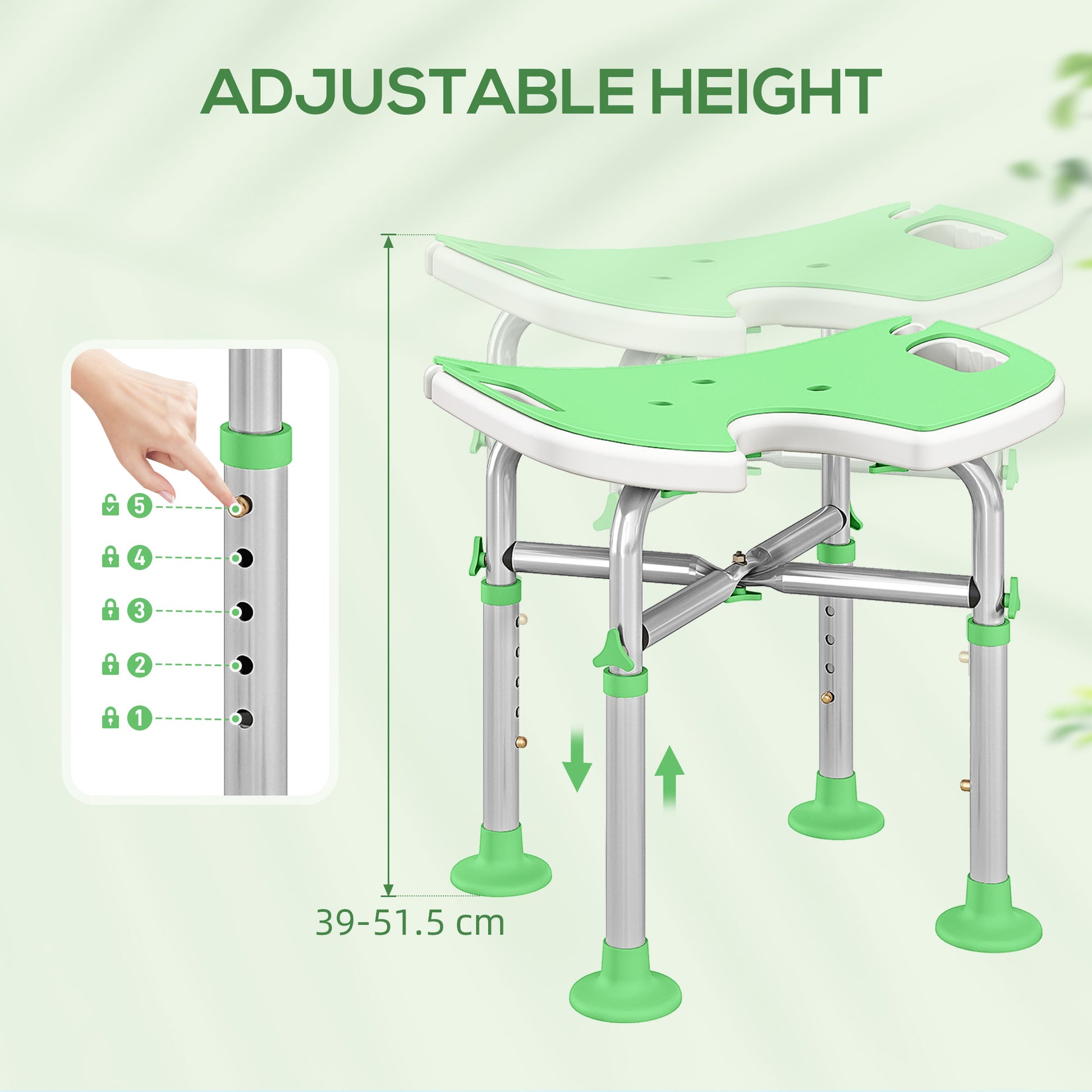Height Adjustable Shower Stool with Suction Grab Rail U-Shaped Padded Seat