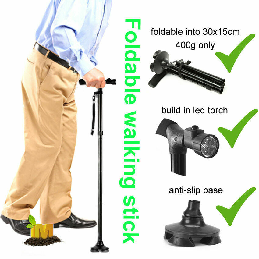 Folding LCD Walking Stick Cane with Flashlight for Senior Aluminium Travel Hiking Cane Trekking Pole Crutch Handle Strap 5 Gears