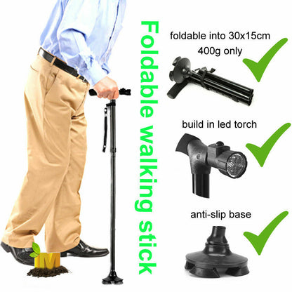 Folding LCD Walking Stick Cane with Flashlight for Senior Aluminium Travel Hiking Cane Trekking Pole Crutch Handle Strap 5 Gears