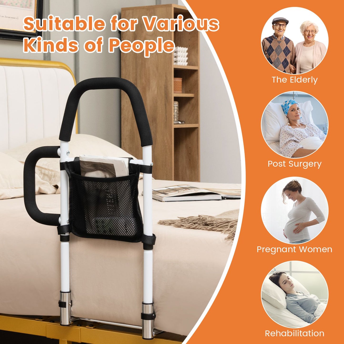 Bed Rail with Dual Handrail for Elderly Adults Support up to 300 LBS
