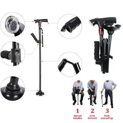 Elder Adjustable Folding Walking Cane with LED Light anti Slip Crutch for Elderly Lightweight Collapsible Mobility Aid Stick