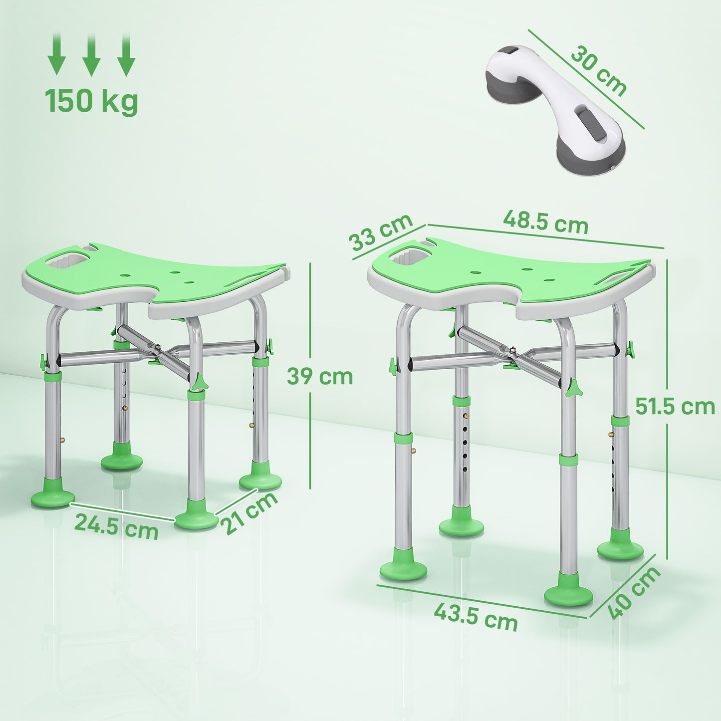Height Adjustable Shower Stool with Suction Grab Rail U-Shaped Padded Seat