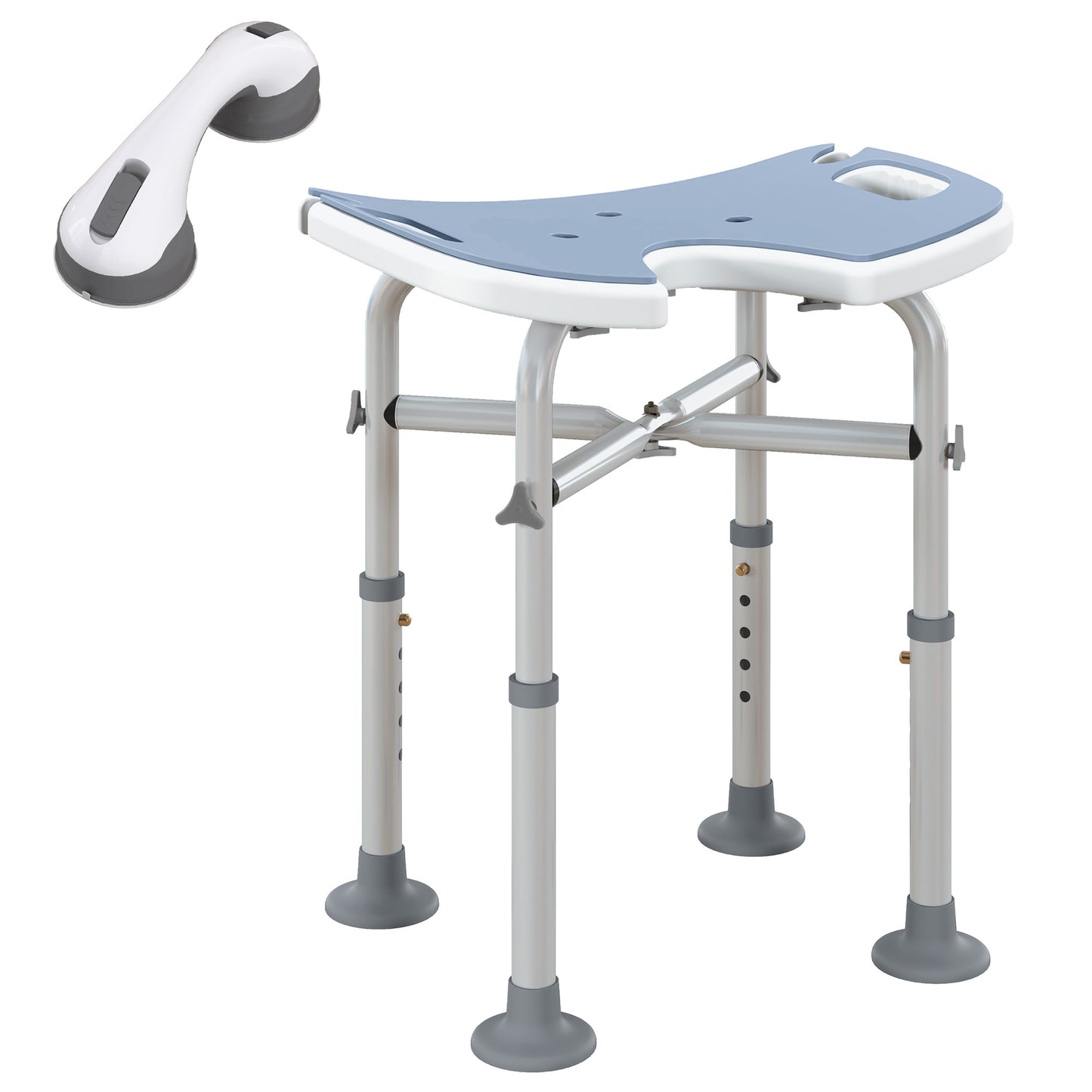 Height Adjustable Shower Stool with Suction Grab Rail U-Shaped Padded Seat