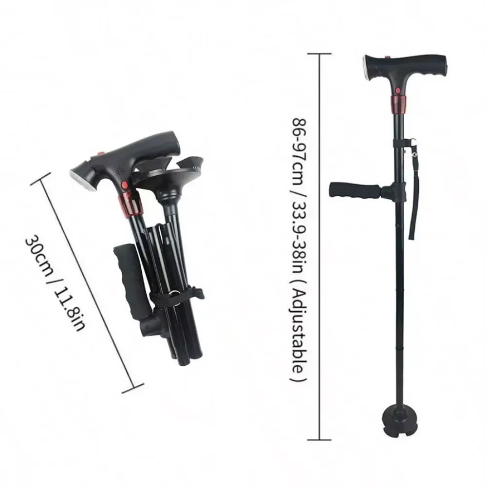 Elder Folding Walking Stick Walking Cane Height Adjustable Folding Folding Canes LED Light Alarm Sticks Elder Crutches