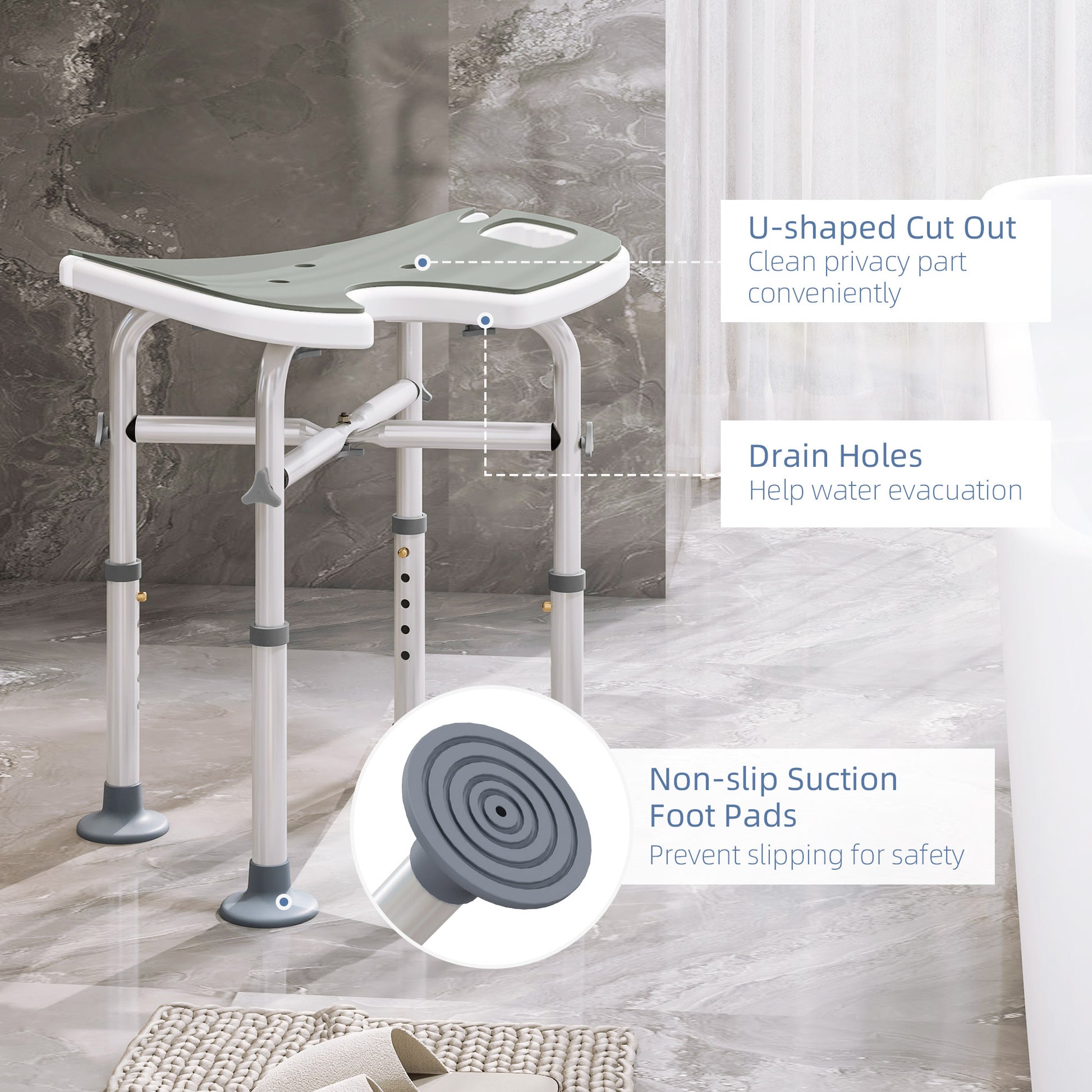 Height Adjustable Shower Stool with Suction Grab Rail U-Shaped Padded Seat