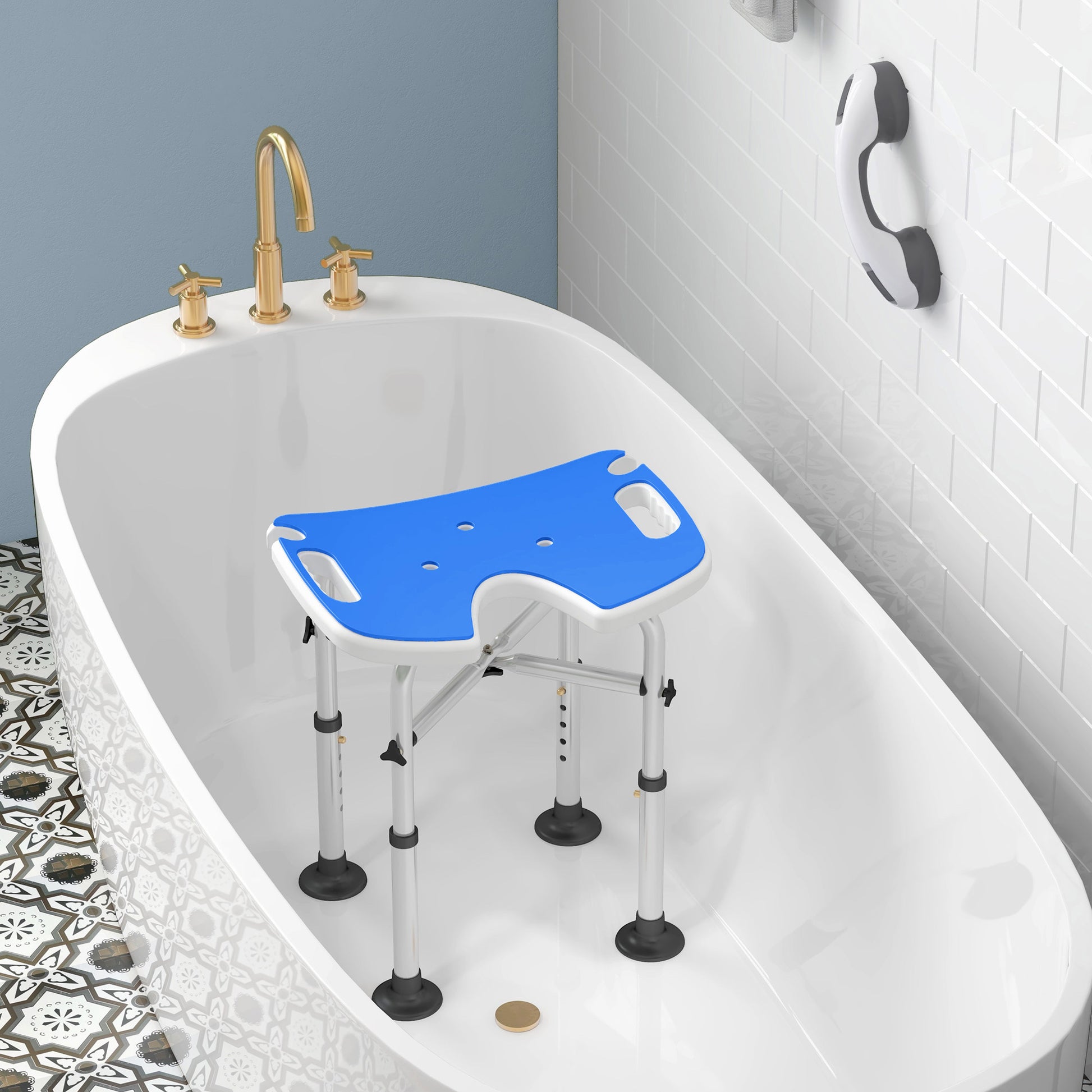 Height Adjustable Shower Stool with Suction Grab Rail U-Shaped Padded Seat