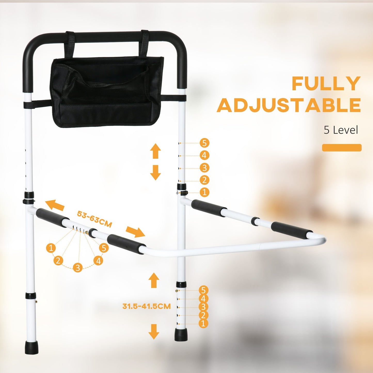 Safety Bed Rail Adjustable Bed Assist Rail with Pocket for Disabled and Senior