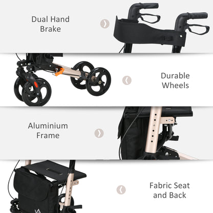 Adjustable 4 Wheel Rollator W/ Seat Bag Folding Mobility Walker