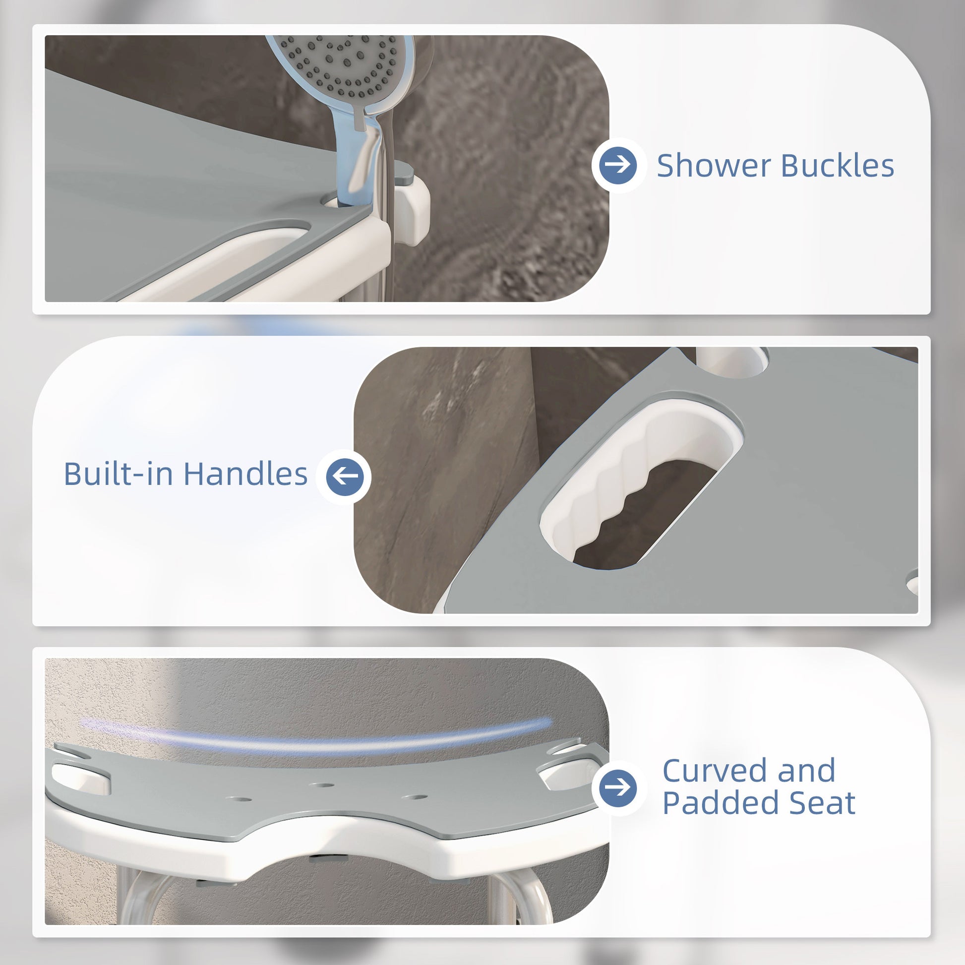 Height Adjustable Shower Stool with Suction Grab Rail U-Shaped Padded Seat