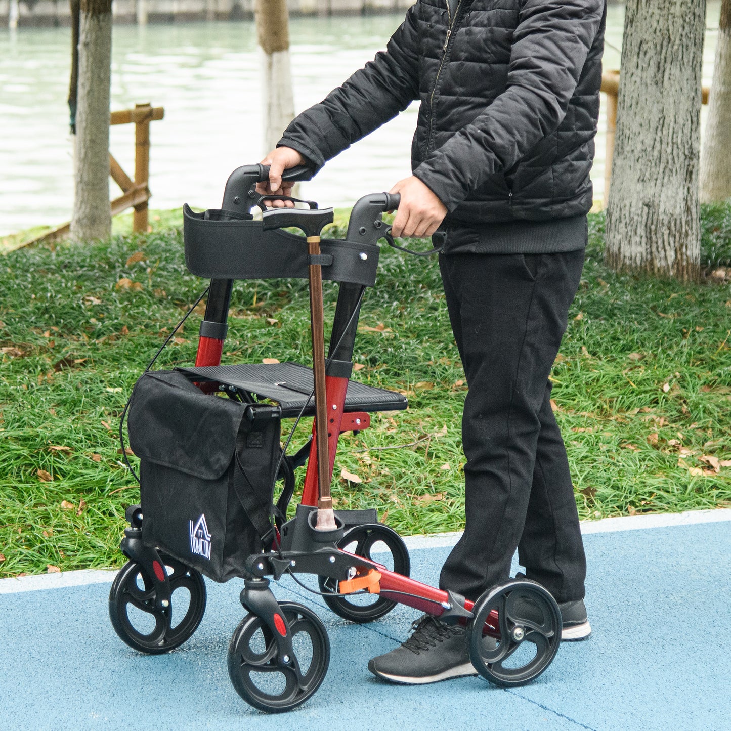 Adjustable 4 Wheel Rollator W/ Seat Bag Folding Mobility Walker