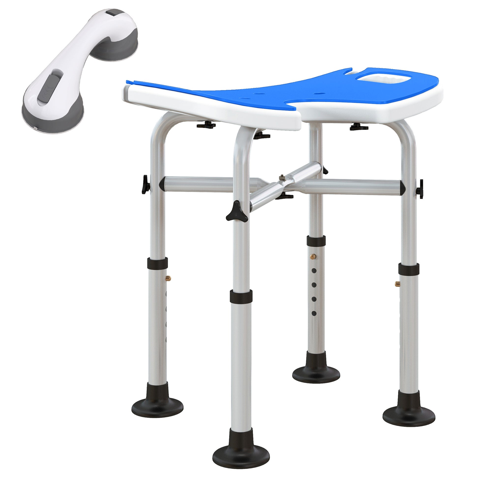 Height Adjustable Shower Stool with Suction Grab Rail U-Shaped Padded Seat