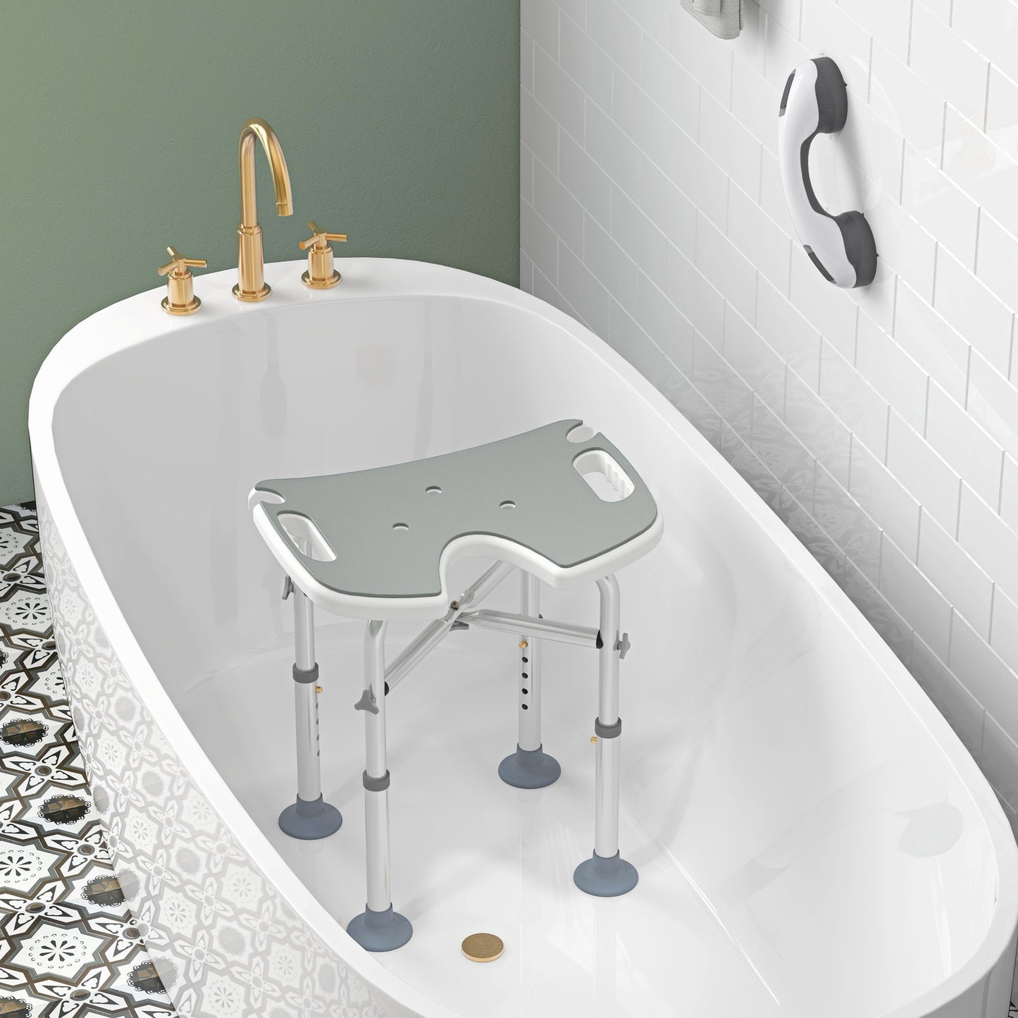 Height Adjustable Shower Stool with Suction Grab Rail U-Shaped Padded Seat