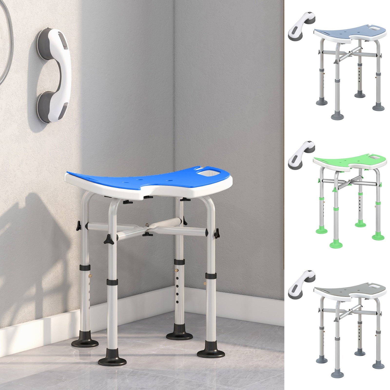 Height Adjustable Shower Stool with Suction Grab Rail U-Shaped Padded Seat