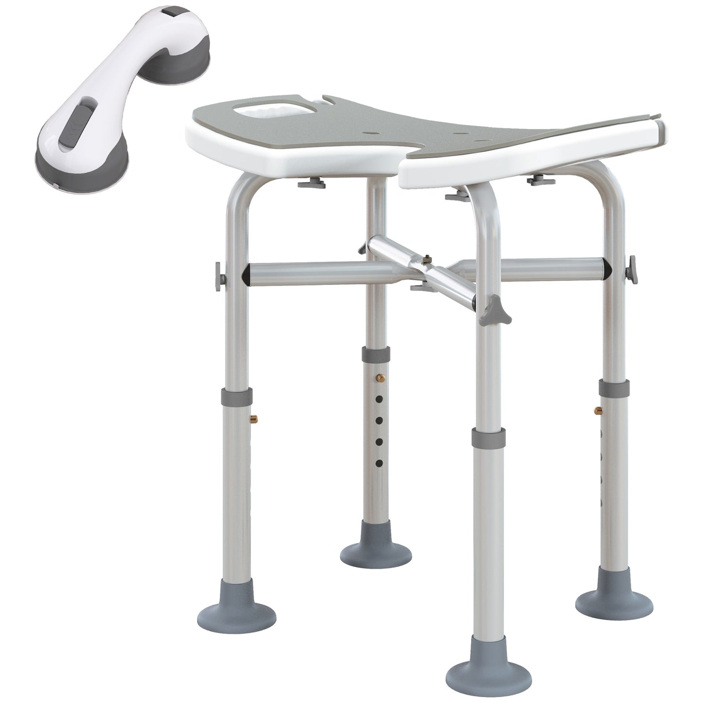 Height Adjustable Shower Stool with Suction Grab Rail U-Shaped Padded Seat