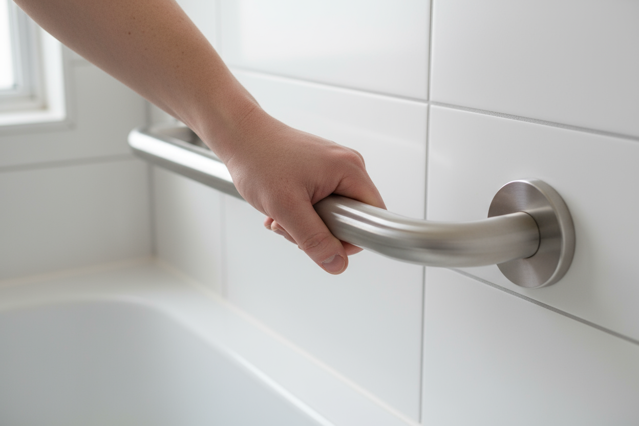 a hand on a grab rail in the bath